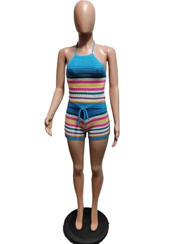YOOTIKO Women Summer 2 Piece Shorts Set Sexy Crochet Cover Up Color Block Halter Top Beach Tracksuit