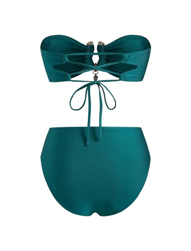 ZAFUL Women Strapless Bandeau Bikini U Wired Ruched 2 Piece Swimwear Cheeky Lace up Bathing Suits