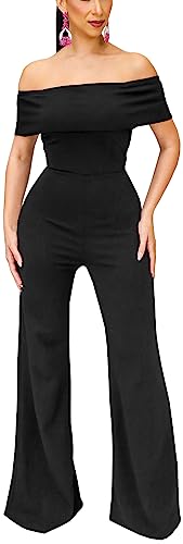 HugeNice Women's Sexy Off Shoulder Ruffle Jumpsuits Elegant Wide Leg Long Pants Clubwear Rompers with Pockets