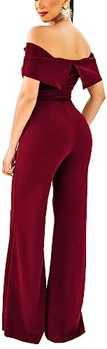 HugeNice Women's Sexy Off Shoulder Ruffle Jumpsuits Elegant Wide Leg Long Pants Clubwear Rompers with Pockets