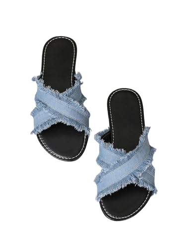 Verdusa Women's Criss Cross Denim Sandals Open Toe Slip On Slide Flats Sandal