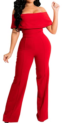HugeNice Women's Sexy Off Shoulder Ruffle Jumpsuits Elegant Wide Leg Long Pants Clubwear Rompers with Pockets