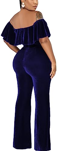 HugeNice Women's Sexy Off Shoulder Ruffle Jumpsuits Elegant Wide Leg Long Pants Clubwear Rompers with Pockets