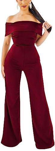HugeNice Women's Sexy Off Shoulder Ruffle Jumpsuits Elegant Wide Leg Long Pants Clubwear Rompers with Pockets