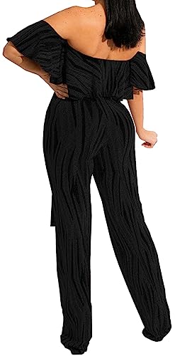 HugeNice Women's Sexy Off Shoulder Ruffle Jumpsuits Elegant Wide Leg Long Pants Clubwear Rompers with Pockets