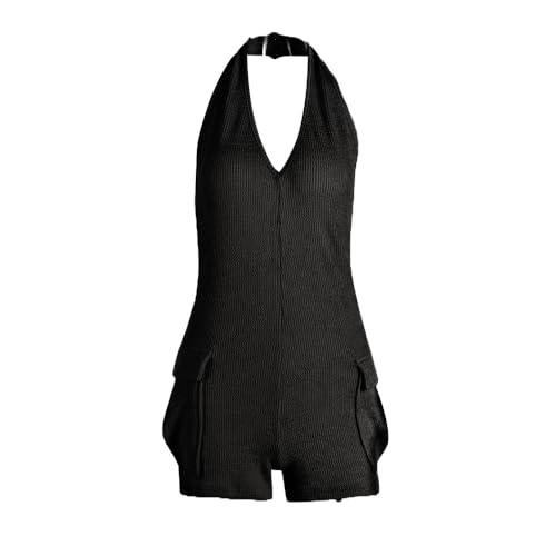 Womens Summer Sleeveless Hanging neck and backless pocket jumpsuit