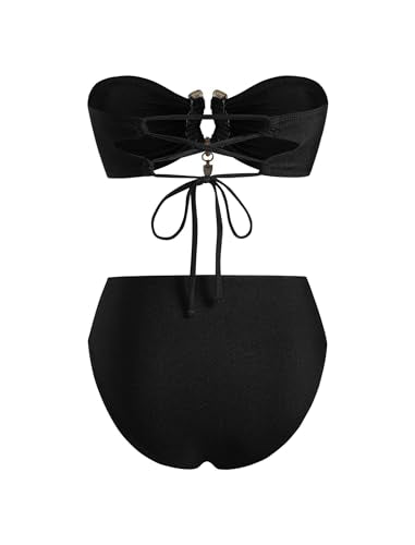ZAFUL Women Strapless Bandeau Bikini U Wired Ruched 2 Piece Swimwear Cheeky Lace up Bathing Suits