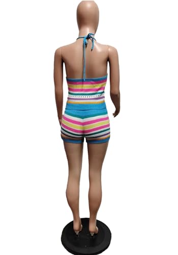 YOOTIKO Women Summer 2 Piece Shorts Set Sexy Crochet Cover Up Color Block Halter Top Beach Tracksuit