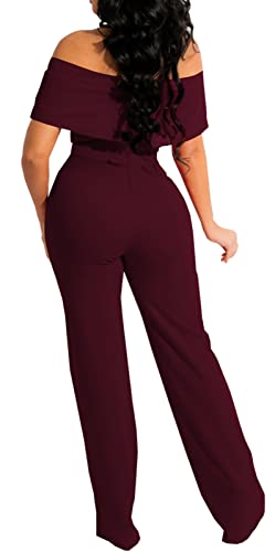 HugeNice Women's Sexy Off Shoulder Ruffle Jumpsuits Elegant Wide Leg Long Pants Clubwear Rompers with Pockets