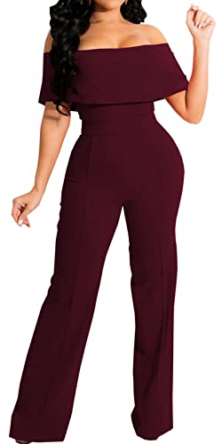 HugeNice Women's Sexy Off Shoulder Ruffle Jumpsuits Elegant Wide Leg Long Pants Clubwear Rompers with Pockets