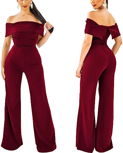 HugeNice Women's Sexy Off Shoulder Ruffle Jumpsuits Elegant Wide Leg Long Pants Clubwear Rompers with Pockets