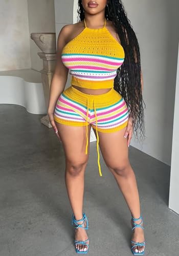 YOOTIKO Women Summer 2 Piece Shorts Set Sexy Crochet Cover Up Color Block Halter Top Beach Tracksuit