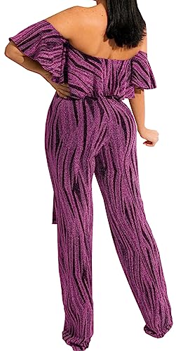 HugeNice Women's Sexy Off Shoulder Ruffle Jumpsuits Elegant Wide Leg Long Pants Clubwear Rompers with Pockets