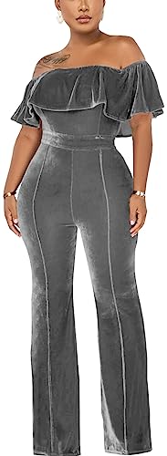 HugeNice Women's Sexy Off Shoulder Ruffle Jumpsuits Elegant Wide Leg Long Pants Clubwear Rompers with Pockets