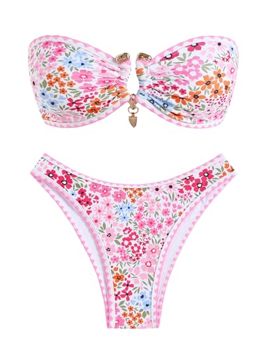 ZAFUL Women Strapless Bandeau Bikini U Wired Ruched 2 Piece Swimwear Cheeky Lace up Bathing Suits
