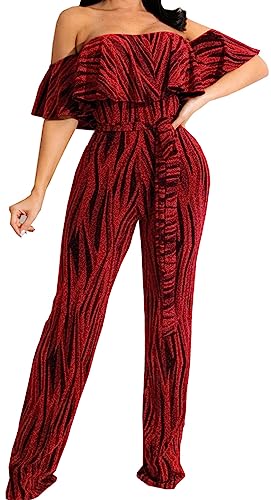 HugeNice Women's Sexy Off Shoulder Ruffle Jumpsuits Elegant Wide Leg Long Pants Clubwear Rompers with Pockets
