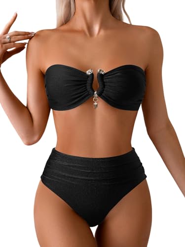 ZAFUL Women Strapless Bandeau Bikini U Wired Ruched 2 Piece Swimwear Cheeky Lace up Bathing Suits