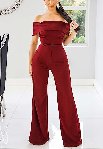 HugeNice Women's Sexy Off Shoulder Ruffle Jumpsuits Elegant Wide Leg Long Pants Clubwear Rompers with Pockets