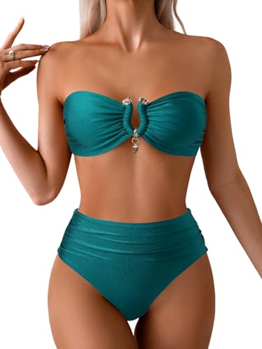 ZAFUL Women Strapless Bandeau Bikini U Wired Ruched 2 Piece Swimwear Cheeky Lace up Bathing Suits