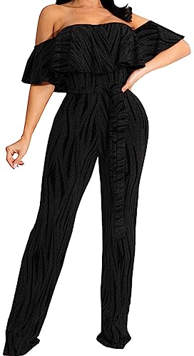 HugeNice Women's Sexy Off Shoulder Ruffle Jumpsuits Elegant Wide Leg Long Pants Clubwear Rompers with Pockets