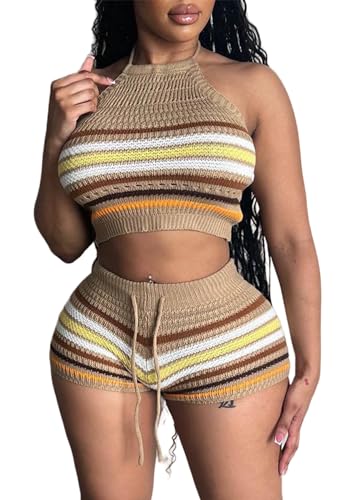 YOOTIKO Women Summer 2 Piece Shorts Set Sexy Crochet Cover Up Color Block Halter Top Beach Tracksuit