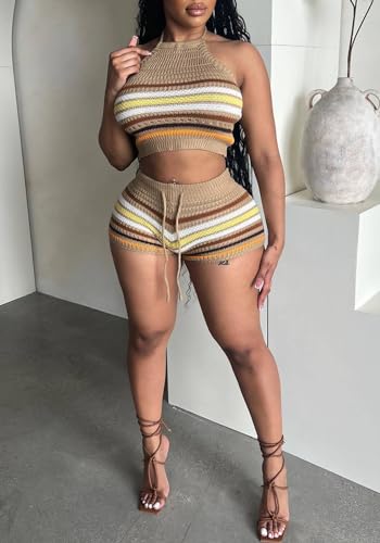 YOOTIKO Women Summer 2 Piece Shorts Set Sexy Crochet Cover Up Color Block Halter Top Beach Tracksuit