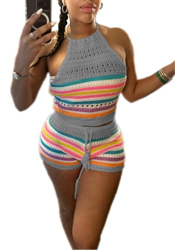 YOOTIKO Women Summer 2 Piece Shorts Set Sexy Crochet Cover Up Color Block Halter Top Beach Tracksuit