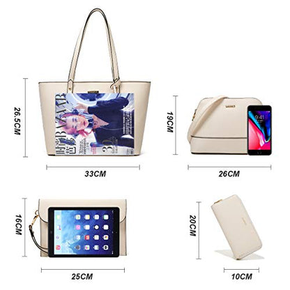 Women Fashion Synthetic Leather Handbags Tote Bag Shoulder Bag Top Handle Satchel Purse Set 4pcs
