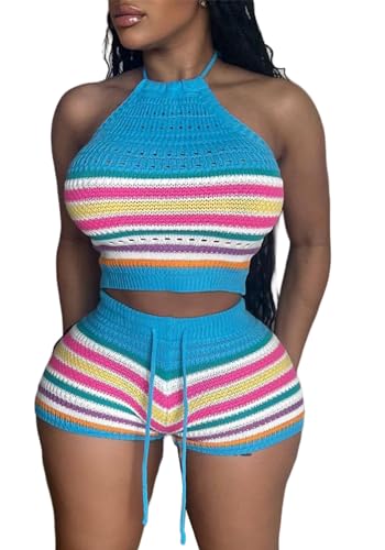 YOOTIKO Women Summer 2 Piece Shorts Set Sexy Crochet Cover Up Color Block Halter Top Beach Tracksuit