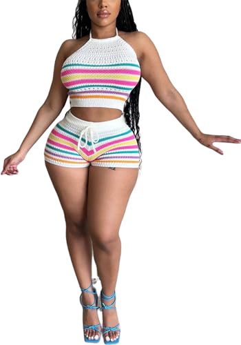 YOOTIKO Women Summer 2 Piece Shorts Set Sexy Crochet Cover Up Color Block Halter Top Beach Tracksuit