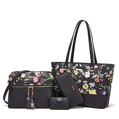 Women Fashion Synthetic Leather Handbags Tote Bag Shoulder Bag Top Handle Satchel Purse Set 4pcs