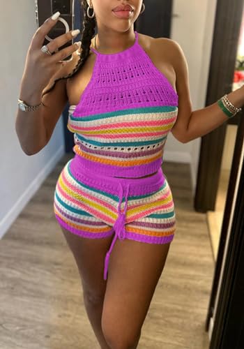 YOOTIKO Women Summer 2 Piece Shorts Set Sexy Crochet Cover Up Color Block Halter Top Beach Tracksuit