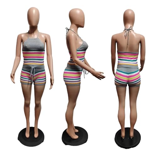YOOTIKO Women Summer 2 Piece Shorts Set Sexy Crochet Cover Up Color Block Halter Top Beach Tracksuit