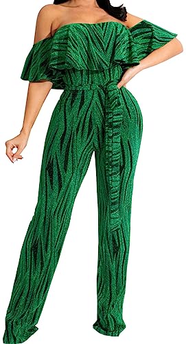 HugeNice Women's Sexy Off Shoulder Ruffle Jumpsuits Elegant Wide Leg Long Pants Clubwear Rompers with Pockets