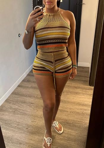 YOOTIKO Women Summer 2 Piece Shorts Set Sexy Crochet Cover Up Color Block Halter Top Beach Tracksuit