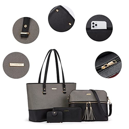 Women Fashion Synthetic Leather Handbags Tote Bag Shoulder Bag Top Handle Satchel Purse Set 4pcs