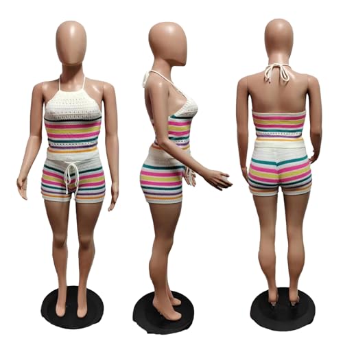 YOOTIKO Women Summer 2 Piece Shorts Set Sexy Crochet Cover Up Color Block Halter Top Beach Tracksuit