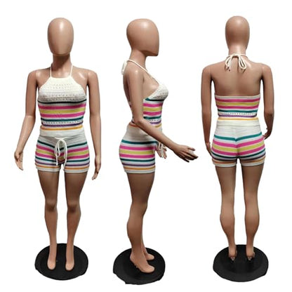 YOOTIKO Women Summer 2 Piece Shorts Set Sexy Crochet Cover Up Color Block Halter Top Beach Tracksuit