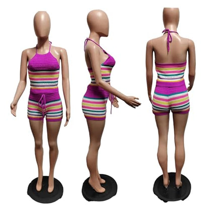 YOOTIKO Women Summer 2 Piece Shorts Set Sexy Crochet Cover Up Color Block Halter Top Beach Tracksuit