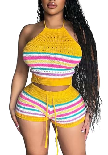 YOOTIKO Women Summer 2 Piece Shorts Set Sexy Crochet Cover Up Color Block Halter Top Beach Tracksuit