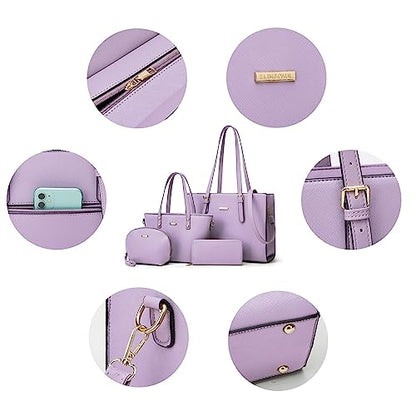 Women Fashion Synthetic Leather Handbags Tote Bag Shoulder Bag Top Handle Satchel Purse Set 4pcs