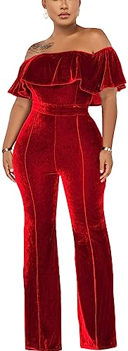 HugeNice Women's Sexy Off Shoulder Ruffle Jumpsuits Elegant Wide Leg Long Pants Clubwear Rompers with Pockets