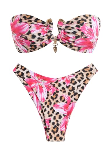 ZAFUL Women Strapless Bandeau Bikini U Wired Ruched 2 Piece Swimwear Cheeky Lace up Bathing Suits