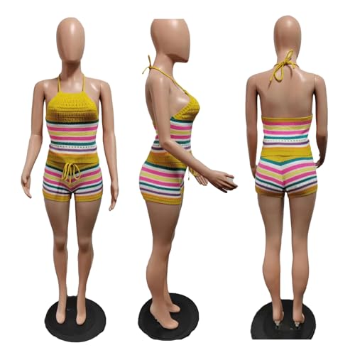 YOOTIKO Women Summer 2 Piece Shorts Set Sexy Crochet Cover Up Color Block Halter Top Beach Tracksuit