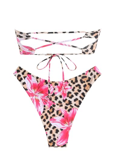 ZAFUL Women Strapless Bandeau Bikini U Wired Ruched 2 Piece Swimwear Cheeky Lace up Bathing Suits