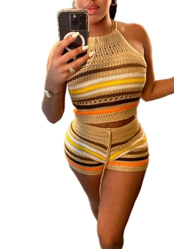YOOTIKO Women Summer 2 Piece Shorts Set Sexy Crochet Cover Up Color Block Halter Top Beach Tracksuit