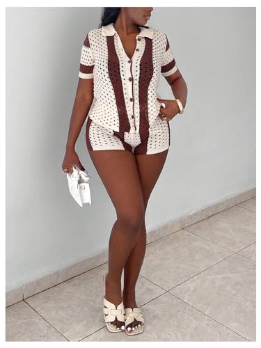 Floerns Women's Two Piece Outfit Knitted Button Down Striped Shirts and Shorts Set