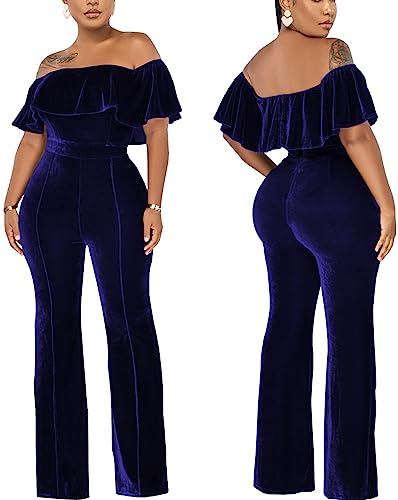 HugeNice Women's Sexy Off Shoulder Ruffle Jumpsuits Elegant Wide Leg Long Pants Clubwear Rompers with Pockets