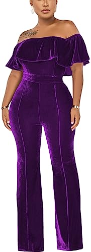 HugeNice Women's Sexy Off Shoulder Ruffle Jumpsuits Elegant Wide Leg Long Pants Clubwear Rompers with Pockets