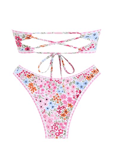 ZAFUL Women Strapless Bandeau Bikini U Wired Ruched 2 Piece Swimwear Cheeky Lace up Bathing Suits